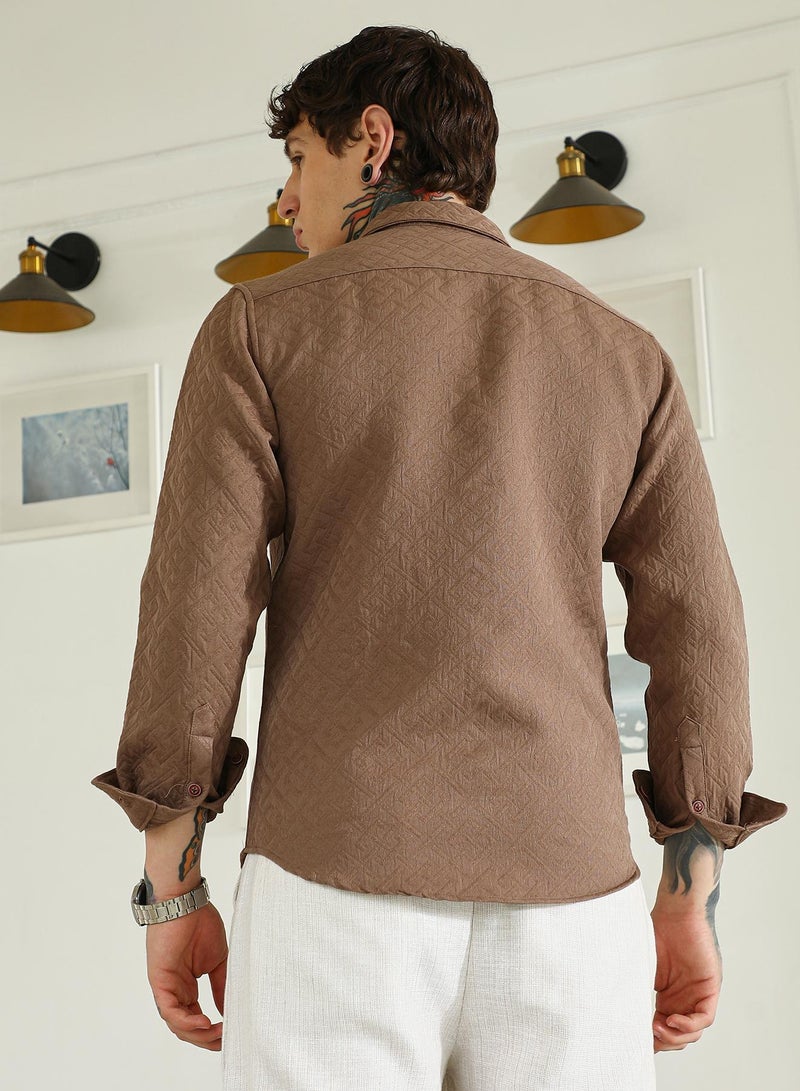 Campus Sutra Men's Textured Brown Cotton Blend Full Sleeve Shirt  - Image 5