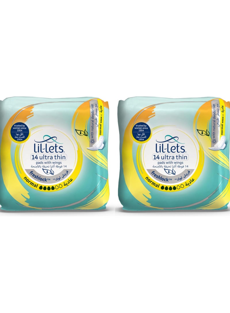 Lil-Lets 28 units(Twin Pack) Freshlock Normal Towels Pads - Ultra Thin With Wings Natural Deodoriser Super Soft Cotton Feel -Leak Proof Protection Amazing Comfort Fragrance Free