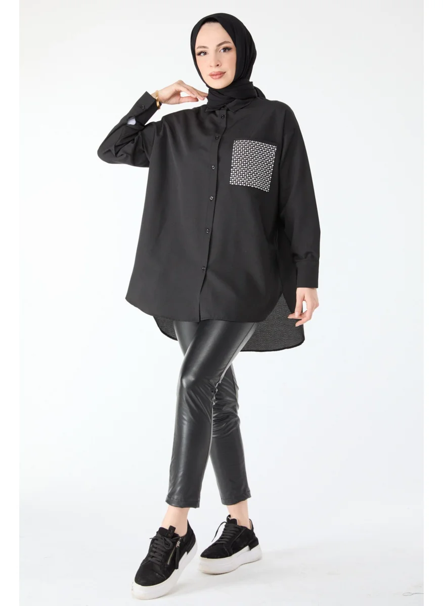 Tofisa 24424-BLACK Stone Detailed Long Sleeve Shirt