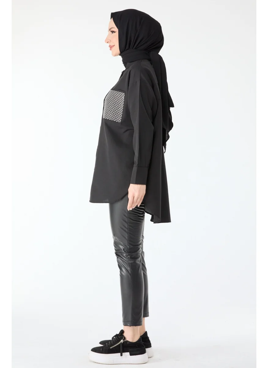 Tofisa 24424-BLACK Stone Detailed Long Sleeve Shirt
