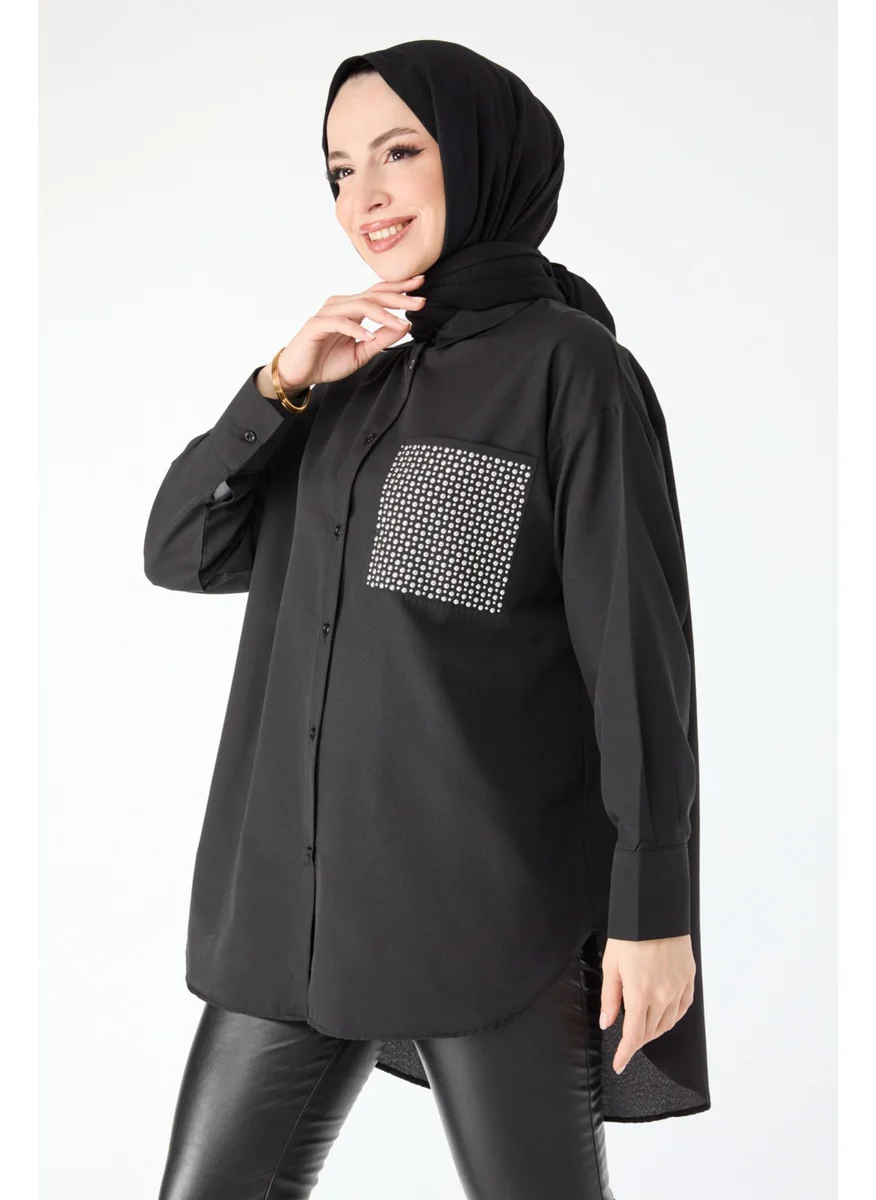 Tofisa 24424-BLACK Stone Detailed Long Sleeve Shirt