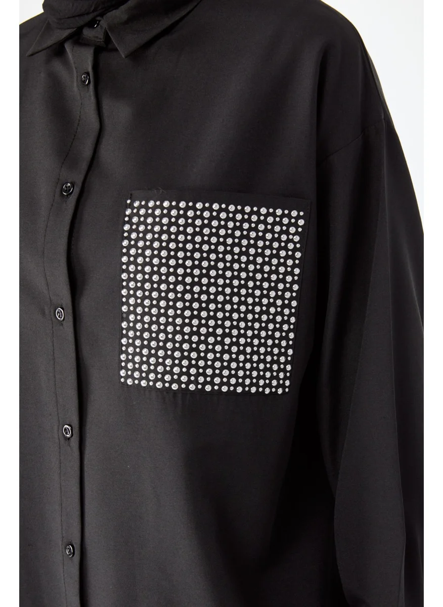 Tofisa 24424-BLACK Stone Detailed Long Sleeve Shirt