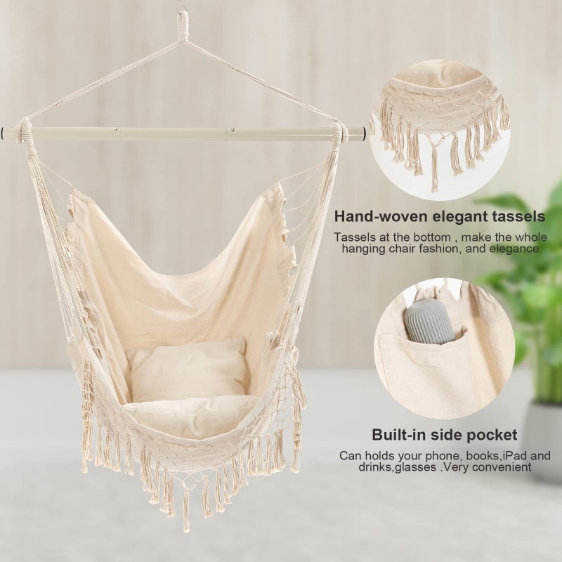 YAERSI Hammock Chair, Hanging Rope Swing Seat with 2 Cushions,Macrame Hanging Chair Side Pocket with High Load-Bearing Metal Rod,for Indoor, Outdoor, Extra Comfortable - Image 4