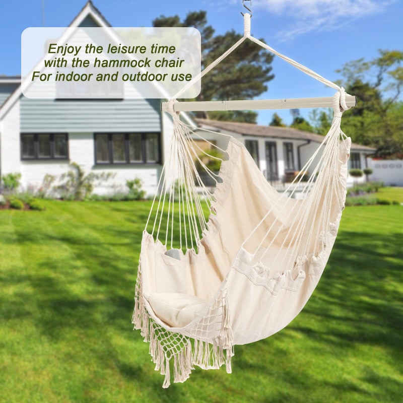 YAERSI Hammock Chair, Hanging Rope Swing Seat with 2 Cushions,Macrame Hanging Chair Side Pocket with High Load-Bearing Metal Rod,for Indoor, Outdoor, Extra Comfortable - Image 2