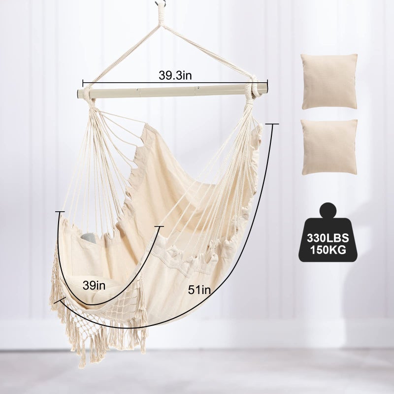 YAERSI Hammock Chair, Hanging Rope Swing Seat with 2 Cushions,Macrame Hanging Chair Side Pocket with High Load-Bearing Metal Rod,for Indoor, Outdoor, Extra Comfortable - Image 3