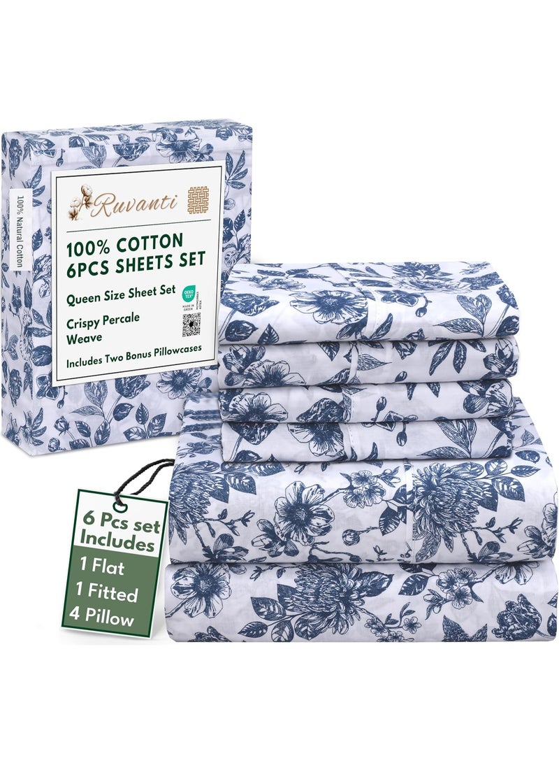 RUVANTI 6 Pcs Cotton Sheets - 100% Natural Cotton Soft, Lightweight & Breathable Crispy Percale Bed Sheets, Queen Sheet Set 16" Deep Pockets, Wild Flower - Image 1