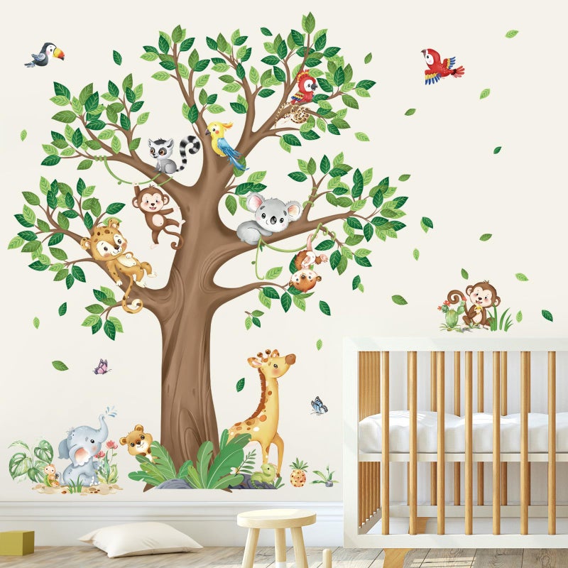 decalmile Large Jungle Animal Tree Wall Decals Giraffe Koala Leopard Safari Wall Stickers Baby Nursery Kids Bedroom Toddler Room Wall Decor - Image 2