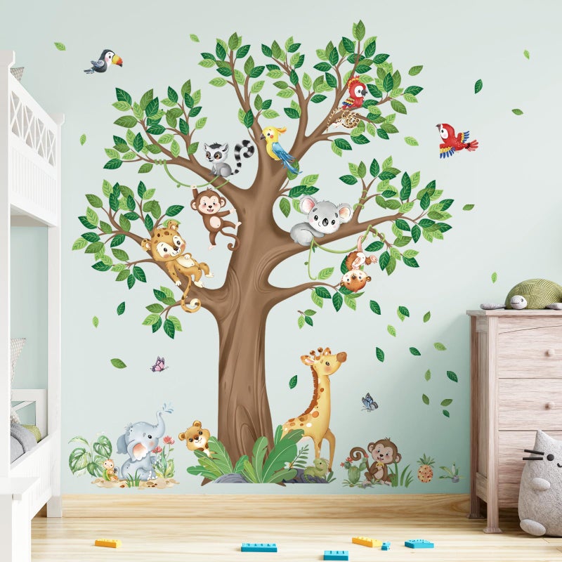 decalmile Large Jungle Animal Tree Wall Decals Giraffe Koala Leopard Safari Wall Stickers Baby Nursery Kids Bedroom Toddler Room Wall Decor - Image 1