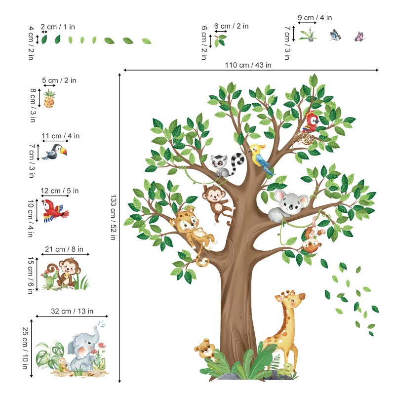 decalmile Large Jungle Animal Tree Wall Decals Giraffe Koala Leopard Safari Wall Stickers Baby Nursery Kids Bedroom Toddler Room Wall Decor - Image 4