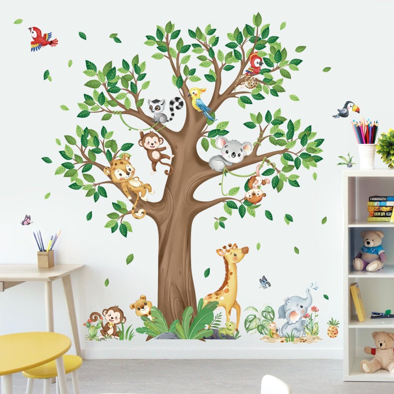 decalmile Large Jungle Animal Tree Wall Decals Giraffe Koala Leopard Safari Wall Stickers Baby Nursery Kids Bedroom Toddler Room Wall Decor - Image 3