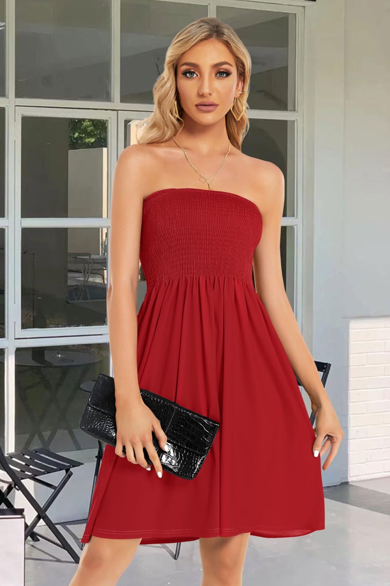 CHICGAL Womens Summer Sun Dress Casual Beach Strapless Cover ups Wedding Guest Dresses Tube Sundress (Red,M) - Image 2
