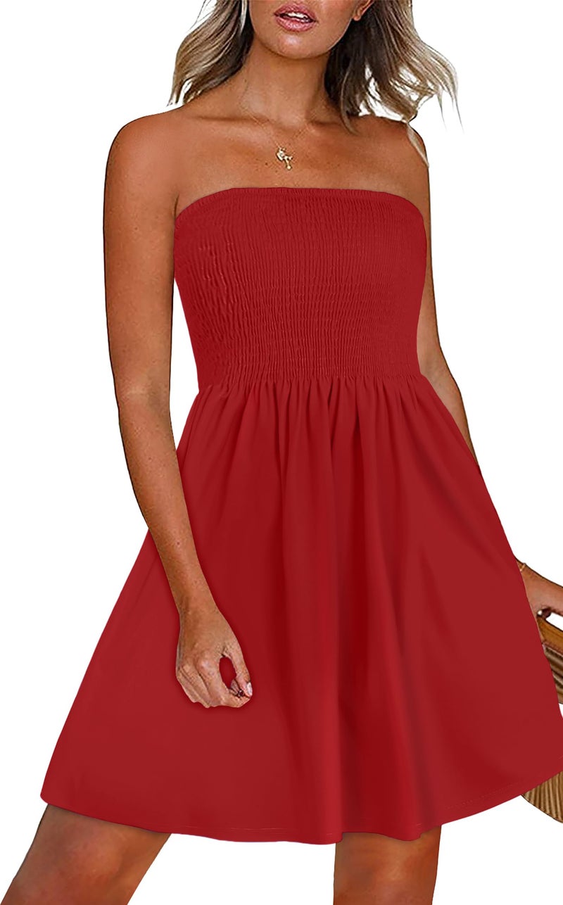 CHICGAL Womens Summer Sun Dress Casual Beach Strapless Cover ups Wedding Guest Dresses Tube Sundress (Red,M) - Image 1