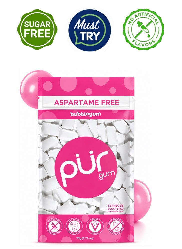 PUR Gum Chewing Gum Sugar Free Bubble Gum Flavor 55 Pieces Pack of 1 Aspartame Free Vegan Gluten Free With 100% Xylitol Sugar Free Chewing Gum - Image 1