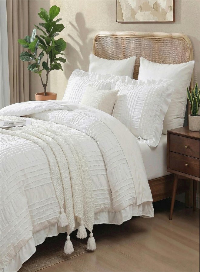 MOVE OVER White Ruffle Comforter Set Queen Size Shabby Chic Boho Bedding Set 3 Pieces Soft Seersucker Comforter Set for Bedroom White Striped Textured Pattern Vintage Bedding Set for All Seasons - Image 3