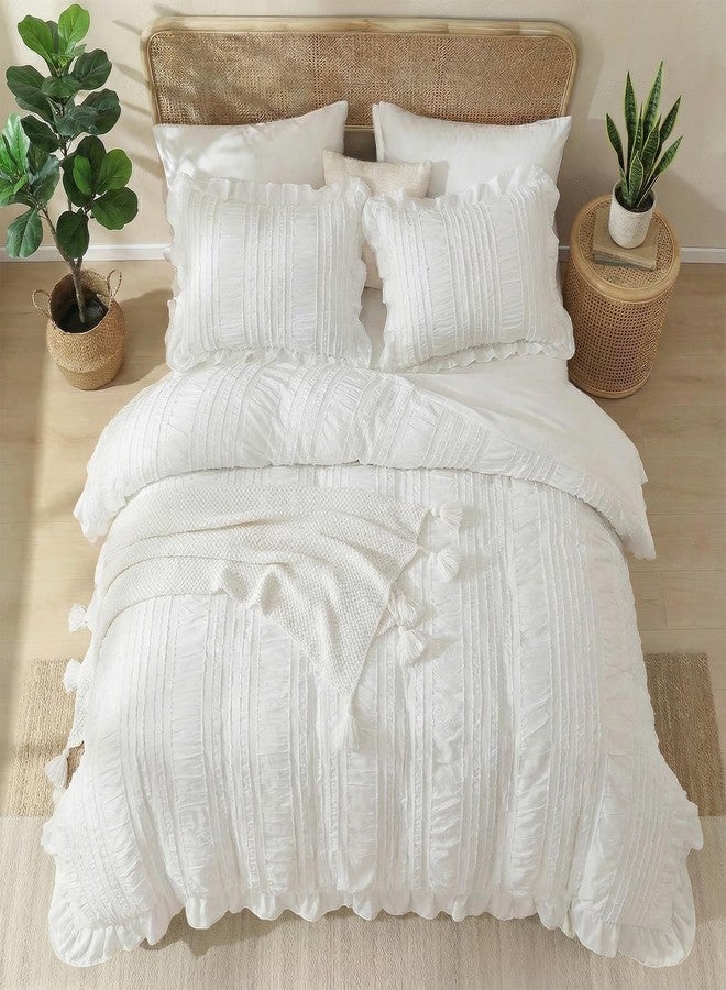 MOVE OVER White Ruffle Comforter Set Queen Size Shabby Chic Boho Bedding Set 3 Pieces Soft Seersucker Comforter Set for Bedroom White Striped Textured Pattern Vintage Bedding Set for All Seasons - Image 5