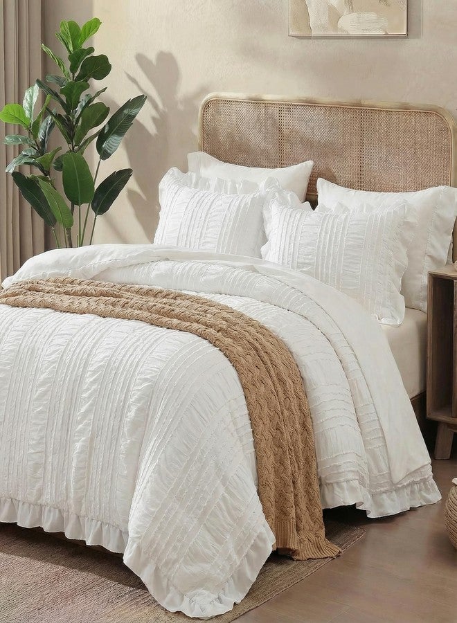 MOVE OVER White Ruffle Comforter Set Queen Size Shabby Chic Boho Bedding Set 3 Pieces Soft Seersucker Comforter Set for Bedroom White Striped Textured Pattern Vintage Bedding Set for All Seasons - Image 1