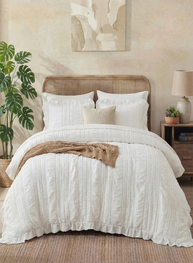 MOVE OVER White Ruffle Comforter Set Queen Size Shabby Chic Boho Bedding Set 3 Pieces Soft Seersucker Comforter Set for Bedroom White Striped Textured Pattern Vintage Bedding Set for All Seasons - Image 2