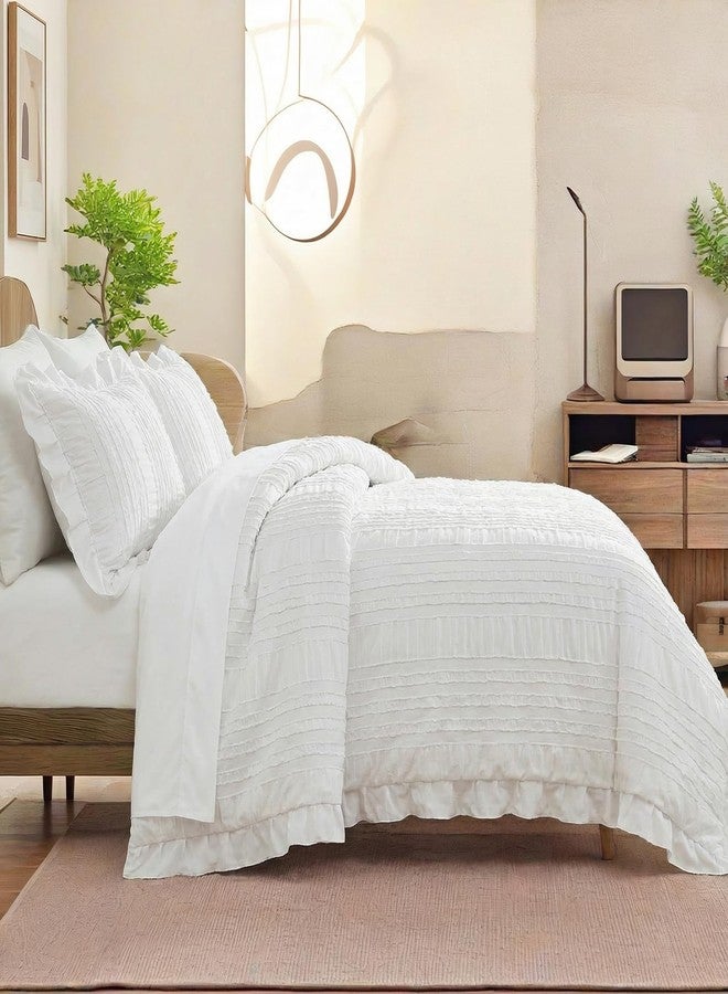 MOVE OVER White Ruffle Comforter Set Queen Size Shabby Chic Boho Bedding Set 3 Pieces Soft Seersucker Comforter Set for Bedroom White Striped Textured Pattern Vintage Bedding Set for All Seasons - Image 4
