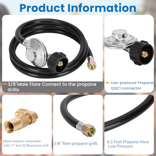 Iococee 6.5 Feet Propane Regulator and Hose with Elbow Adaptor for Blackstone 17" and 22" Tabletop Griddle, QCC1 Universal Grill Regulator Replacement Parts for Propane grill Connect to Propane Tank - Image 3
