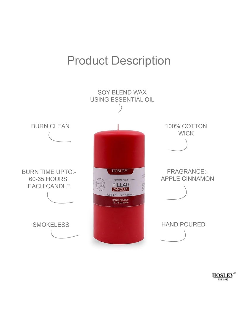 Hosley - HOSLEY Pack of 2|6 Inch Long Each|Apple Cinnamon Fragrance Red Pillar Candles - Soy & Paraffin Wax for Home Decor, 90 Hours Burn Time Each, Smokeless & Dripless, 2.75 Inch Diameter - Image 1