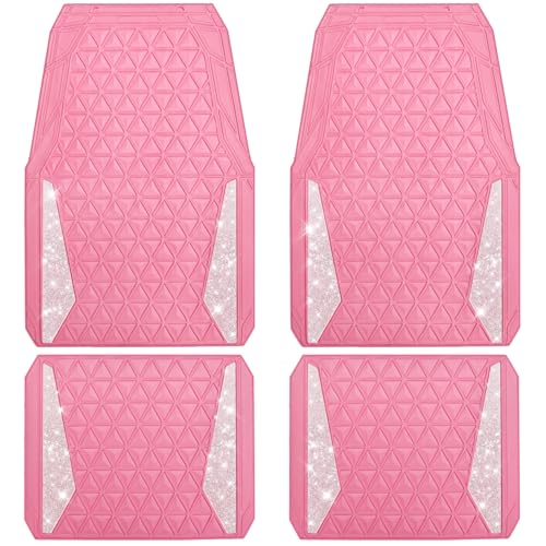 CAR PASS Bling Diamond Car Mats Rubber Floor Mats Full Set AntiSlip 3D Rhombus Waterproof Trim to Fit Liner Universal Glitter Crystal Sparkly Shining Rhinestone Girl Women SUV Sedan Van Pink Rubber - Image 1