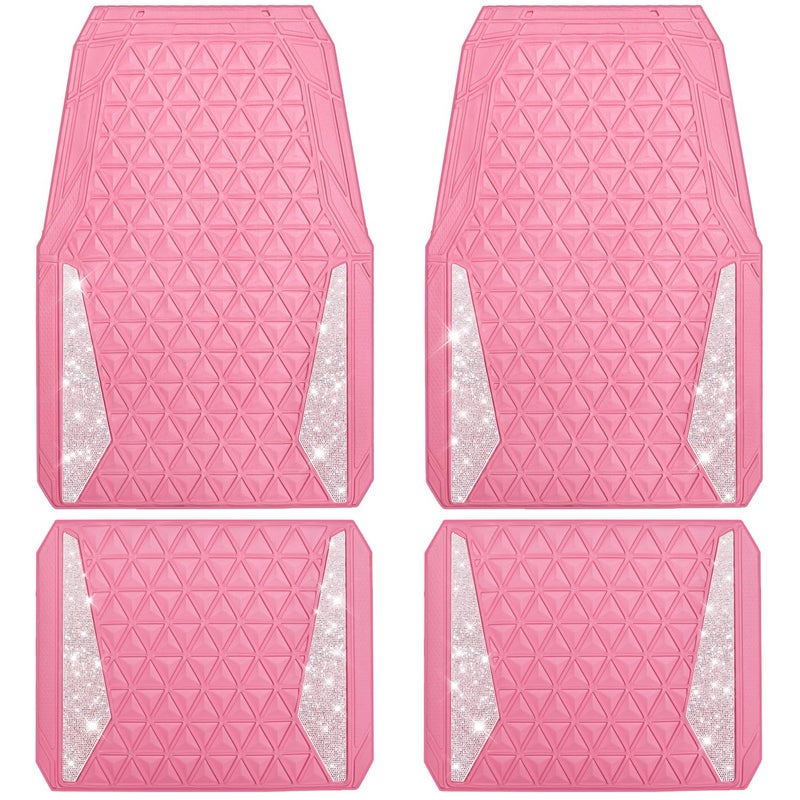 CAR PASS Bling Diamond Car Mats Rubber Floor Mats Full Set AntiSlip 3D Rhombus Waterproof Trim to Fit Liner Universal Glitter Crystal Sparkly Shining Rhinestone Girl Women SUV Sedan Van Pink Rubber - Image 2