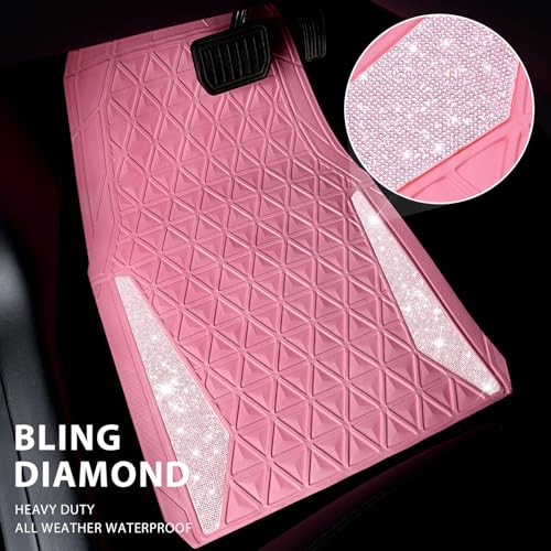 CAR PASS Bling Diamond Car Mats Rubber Floor Mats Full Set AntiSlip 3D Rhombus Waterproof Trim to Fit Liner Universal Glitter Crystal Sparkly Shining Rhinestone Girl Women SUV Sedan Van Pink Rubber - Image 4