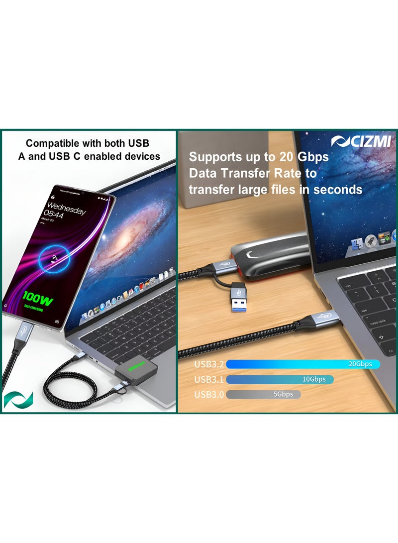 سيزمي ✦ كابل 2 في 1 بسرعة 20Gbps USB 3.2 Gen 2x2 | USB-C إلى USB-C مع محول USB-A | شحن سريع PD 3.0 بقدرة 100W (20V / 5A) | مزود بشريحة E-Marker | فيديو 4K UHD | متوافق مع MacBook وiPhone 17/16/15 وSamsung وغيرها | بطول 1.5 متر - Image 2