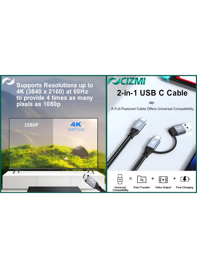 سيزمي ✦ كابل 2 في 1 بسرعة 20Gbps USB 3.2 Gen 2x2 | USB-C إلى USB-C مع محول USB-A | شحن سريع PD 3.0 بقدرة 100W (20V / 5A) | مزود بشريحة E-Marker | فيديو 4K UHD | متوافق مع MacBook وiPhone 17/16/15 وSamsung وغيرها | بطول 1.5 متر - Image 3