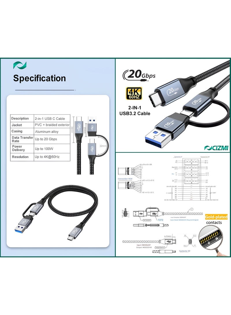 CIZMI ✦ 2-In-1 20Gbps USB 3.2 Gen 2x2 Cable | USB-C To C + USB-A Adapter| Fast Charging PD 3.0 100W 20A 5V | E-Marker| 4K UHD| Compatible With MacBook, iPhone 17/16/15, Samsung And More | 1.5 m - Image 1