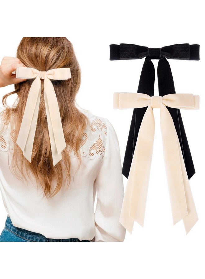 Aileam 2Pcs Velvet Hair Bows Ribbon Hair Clip Black Beige Accessories Ponytail Holder Accessories Slides Metal Clips Hair Bow For Women Girls Toddlers Teens Kids - Image 1