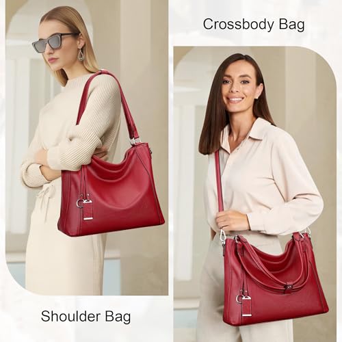 Over Earth Genuine Leather Purses for Women Large Hobo Bags Lady Shoulder Handbags with Detachable Strap (O103E Red Wine) - Image 2
