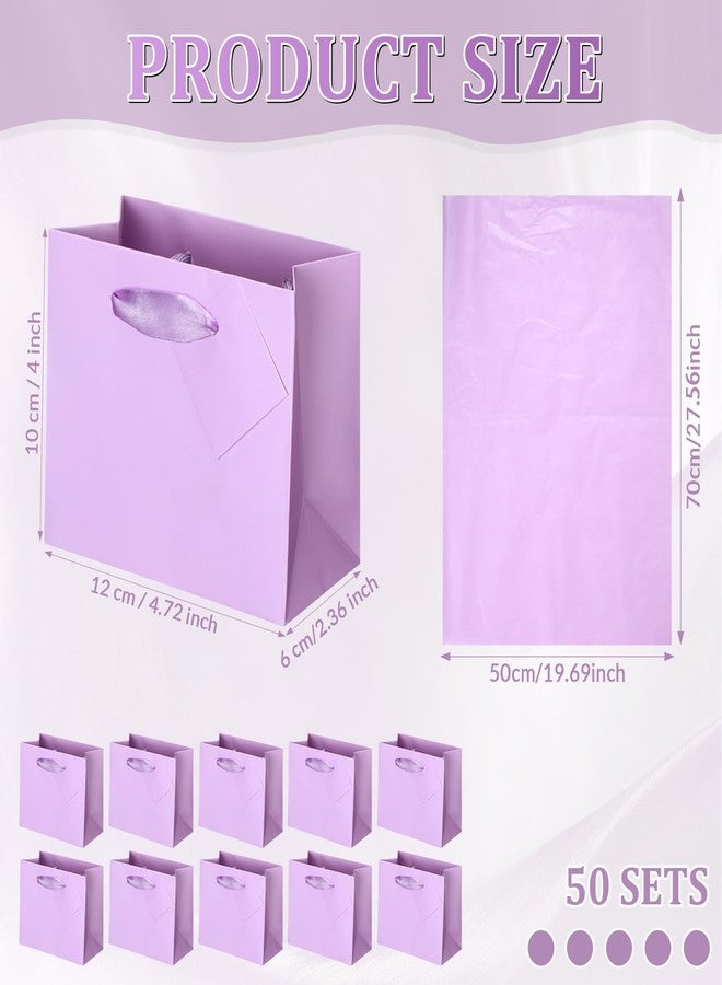 Qilery 50 Pcs Valentine Mini Paper Gift Bags Bulk with Tissue Paper Small Gift Bags with Handle and Tags for Birthday Wedding Galentine Mothers' Day Party Business(Light Purple,4.7 x 2.4 x 3.9'') - Image 3