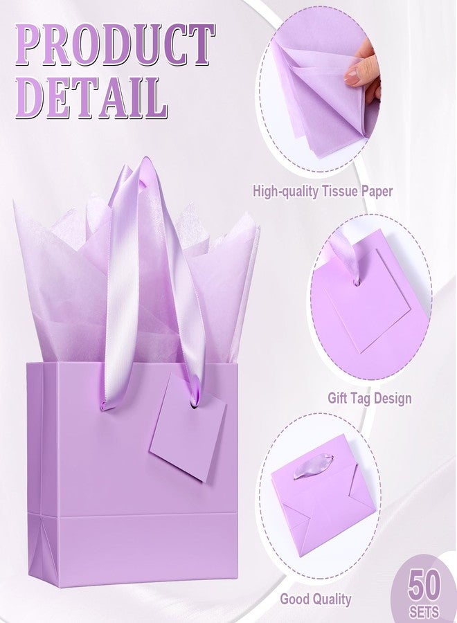 Qilery 50 Pcs Valentine Mini Paper Gift Bags Bulk with Tissue Paper Small Gift Bags with Handle and Tags for Birthday Wedding Galentine Mothers' Day Party Business(Light Purple,4.7 x 2.4 x 3.9'') - Image 2