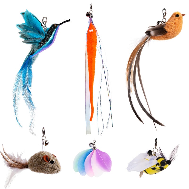 JXFUKAL Cat Feather Toy Refills, 6Pcs Simulation Bird Mouse Bee Worm Feather Cat Lures Wand Attachment Replacement for Kitty Kitten Indoor Cats Accessories - Image 1