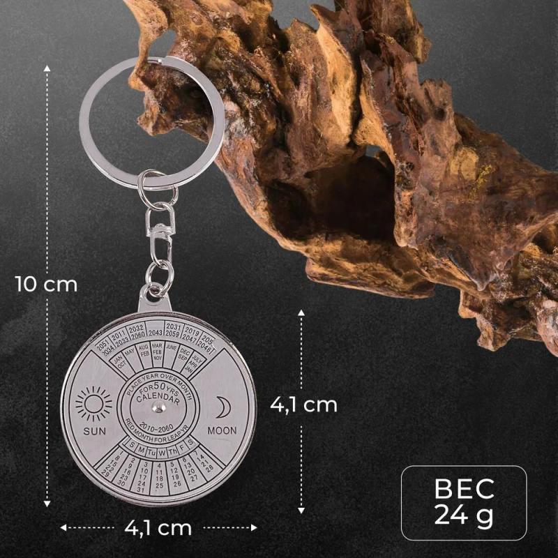 Perpetual Calendar Keychain 42.7x4mm Compact Rotating Dial - Portable Silver Keyring for Backpack Bag Gift All Ages - Image 2