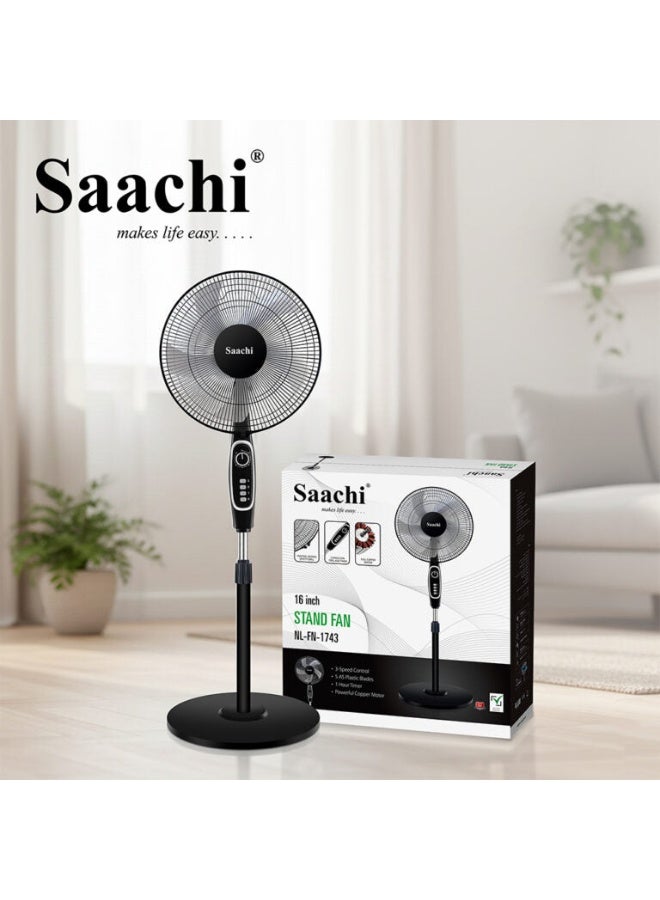 Saachi 16-Inch Stand Fan with Powerful Copper Motor, Adjustable Height, 3-Speed Control, Wide Oscillation & 1-Hour Timer 60 W NL-FN-1743-BK Black - Image 2