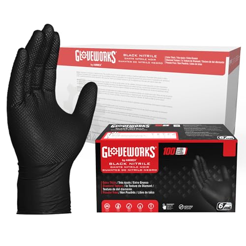 GLOVEWORKS قفازات غلووركس HD نيتريل سوداء صناعية قابلة للتصرف، 6 مل، خالية من اللاتكس، بنمط الماس المرتفع، كبيرة، علبة من 1000 - Image 1