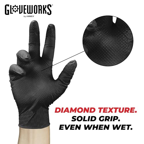 GLOVEWORKS قفازات غلووركس HD نيتريل سوداء صناعية قابلة للتصرف، 6 مل، خالية من اللاتكس، بنمط الماس المرتفع، كبيرة، علبة من 1000 - Image 4
