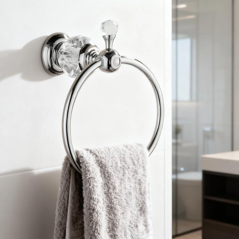 Chrome Crystal Towel Ring, Wall Mount, 8.4 in Tall, Crystal Knob, Bathroom - Image 2