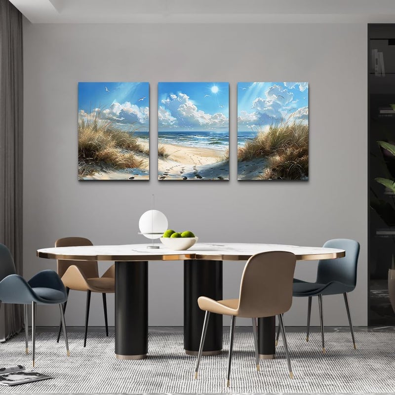 TTHYUEWS Canvas Wall Art For Bedroom Wall Decor For Living Room Modern room Decorations Blue Ocean Beach Wall Paintings Sea Wave Wall Pictures Artwork for office Ready To Hang Home Decor 3 Piece - Image 4