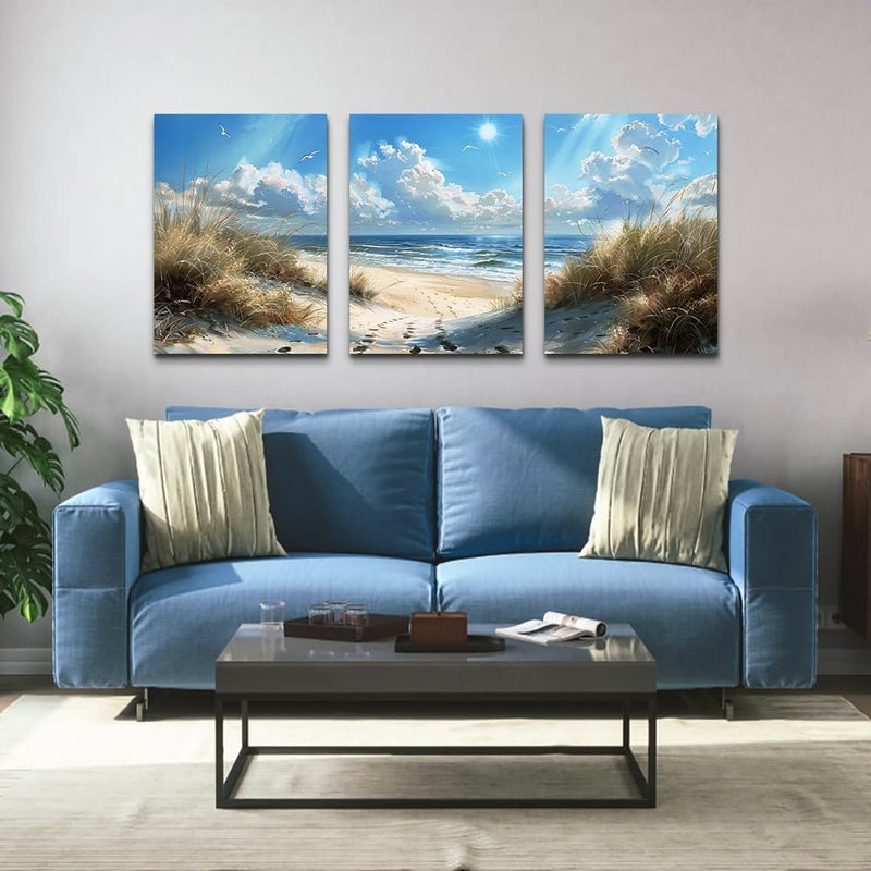 TTHYUEWS Canvas Wall Art For Bedroom Wall Decor For Living Room Modern room Decorations Blue Ocean Beach Wall Paintings Sea Wave Wall Pictures Artwork for office Ready To Hang Home Decor 3 Piece - Image 3