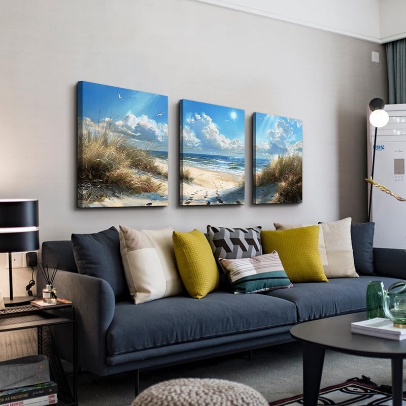 TTHYUEWS Canvas Wall Art For Bedroom Wall Decor For Living Room Modern room Decorations Blue Ocean Beach Wall Paintings Sea Wave Wall Pictures Artwork for office Ready To Hang Home Decor 3 Piece - Image 2
