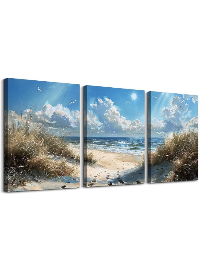 TTHYUEWS Canvas Wall Art For Bedroom Wall Decor For Living Room Modern room Decorations Blue Ocean Beach Wall Paintings Sea Wave Wall Pictures Artwork for office Ready To Hang Home Decor 3 Piece - Image 1
