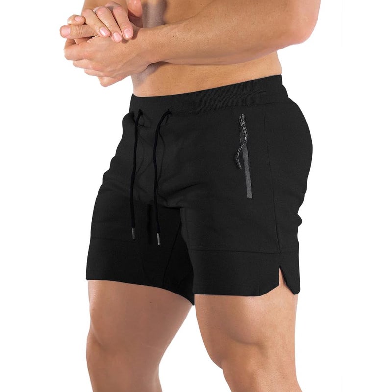 PIDOGYM Men's 5" Gym Workout Shorts,Fitted Jogging Short Pants for Bodybuilding Running Training with Zipper Pockets Black - Image 1