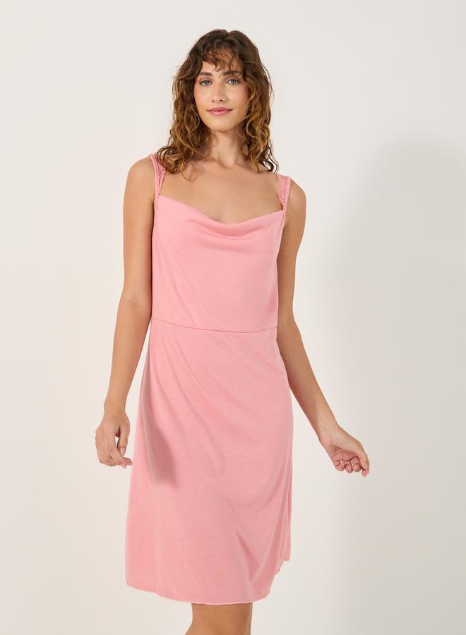 Styli Plain V Back Lace Trim Knee Length Slip Dress  - Image 2