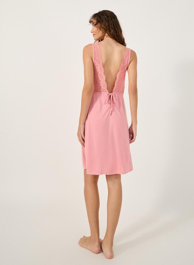Styli Plain V Back Lace Trim Knee Length Slip Dress  - Image 5