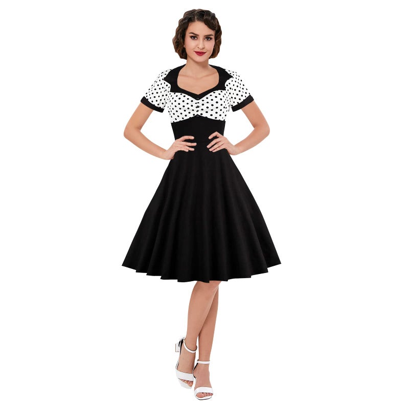 KILLREAL Women's Vintage Style 1950's Retro Short Sleeve Polka Dot Printed Swing Cocktail Dress Black Medium - Image 2