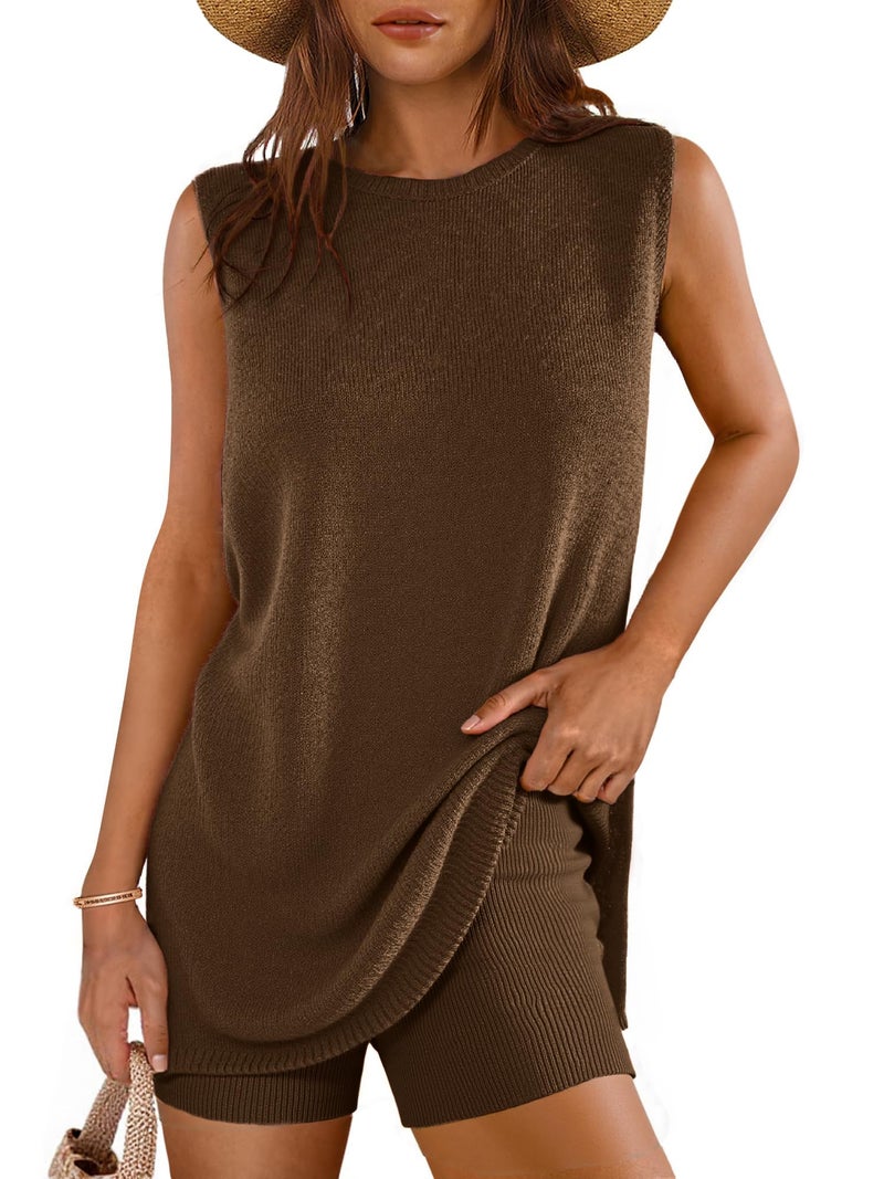 Glamaker Women's 2 Piece Sets Summer Beach Vacation Shorts Sets Sleeveless Sweater Matching Sets Travel Outfits (Dark Coffee M) - Image 1