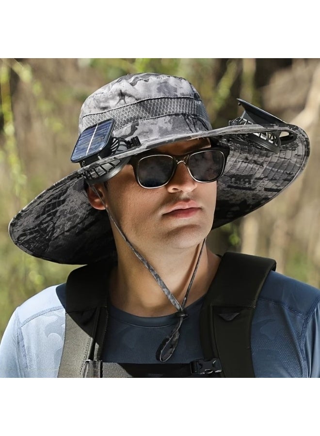 Solar-Powered Cooling Sun Hat with Dual Fans, Wide Brim Outdoor Bucket Hat, Breathable Mesh, Adjustable Chin Strap for Fishing, Hiking, Camping & Beach - Image 3